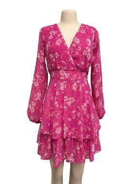 Floral Pink Long Sleeve Tiered Mini Dress By Japna M